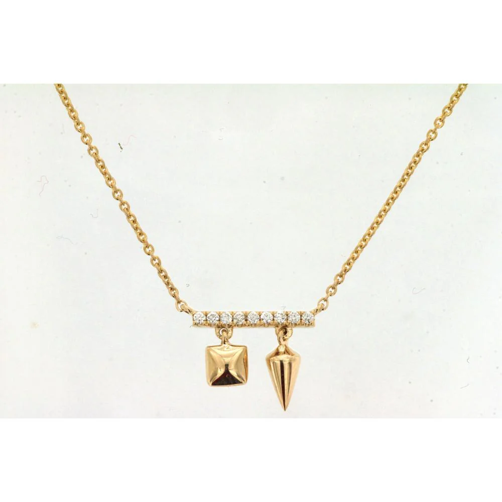 14K Yellow Gold Diamond Bar Necklace with Geometric Pyramid and Spike Charms - 0.05 Carat Total Diamond Weight - Royal Jewelry