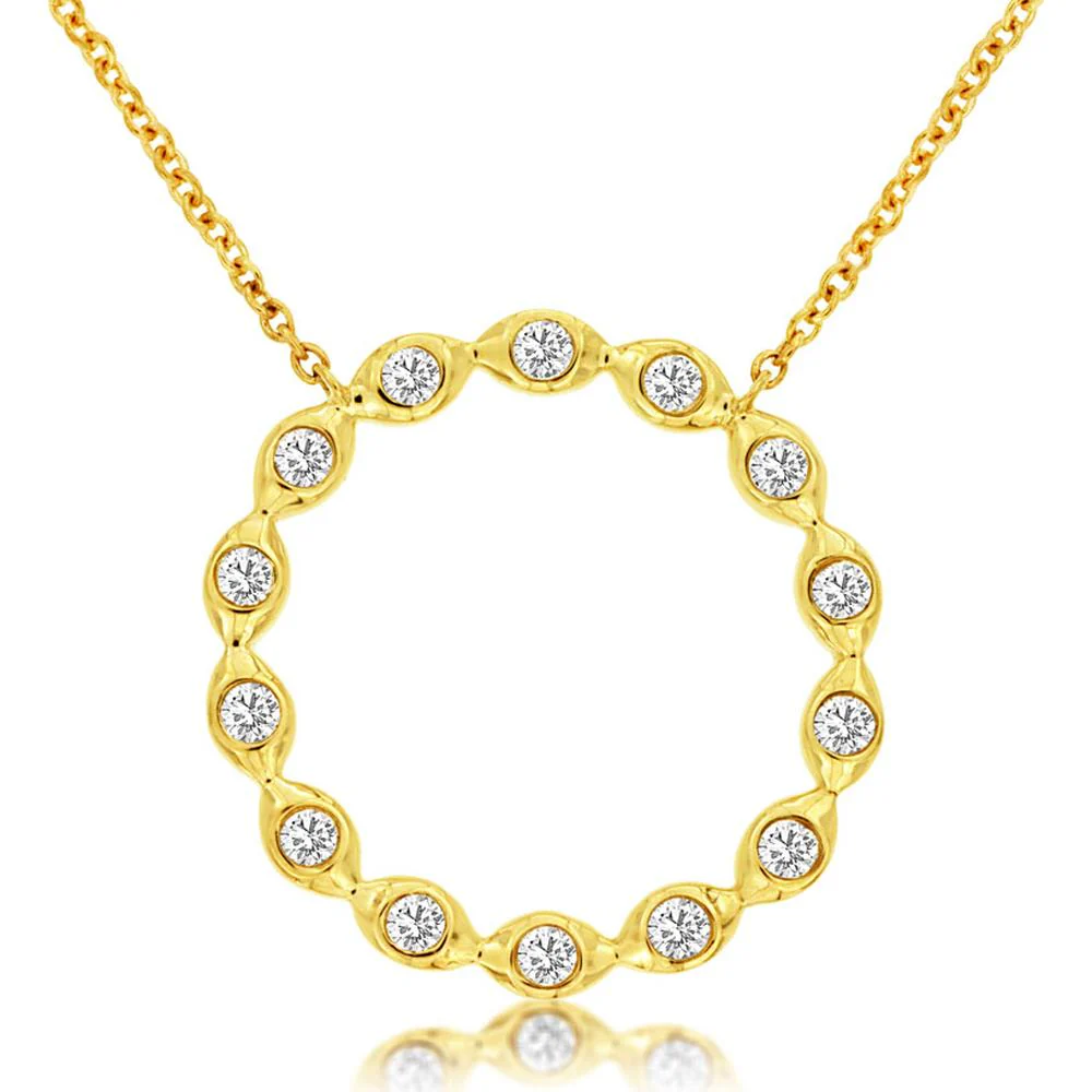 14K Yellow Gold Diamond Circle Pendant Necklace with Bezel Set Round Brilliant Diamonds - 0.25 Carat Total Diamond Weight - Royal Jewelry