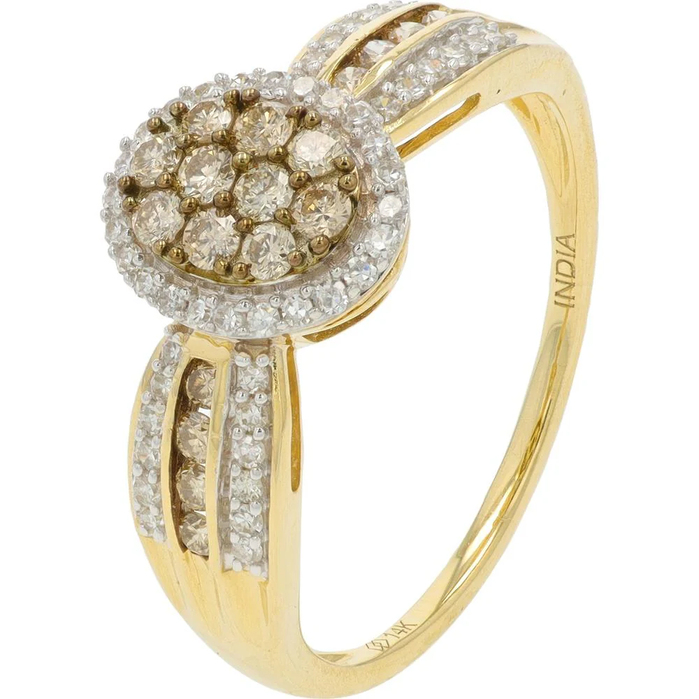 14K Yellow Gold Diamond Cluster Ring with Halo and Pavé Accents - 0.50 Carat Total Diamond Weight
