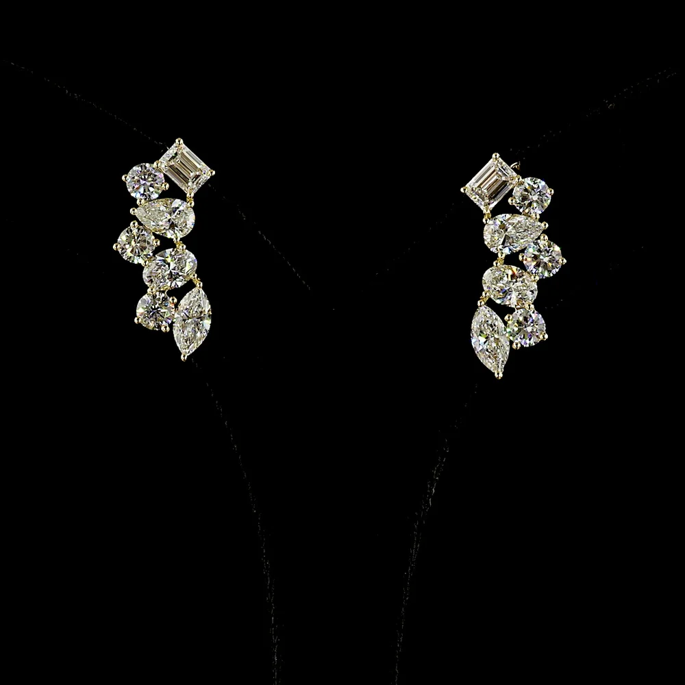 14K Yellow Gold Diamond Crawler Earrings with Mixed Cuts - Total 5.90 Carat Lab Grown Diamonds E-F Color VS Clarity - Covaloro Fine Jewelry