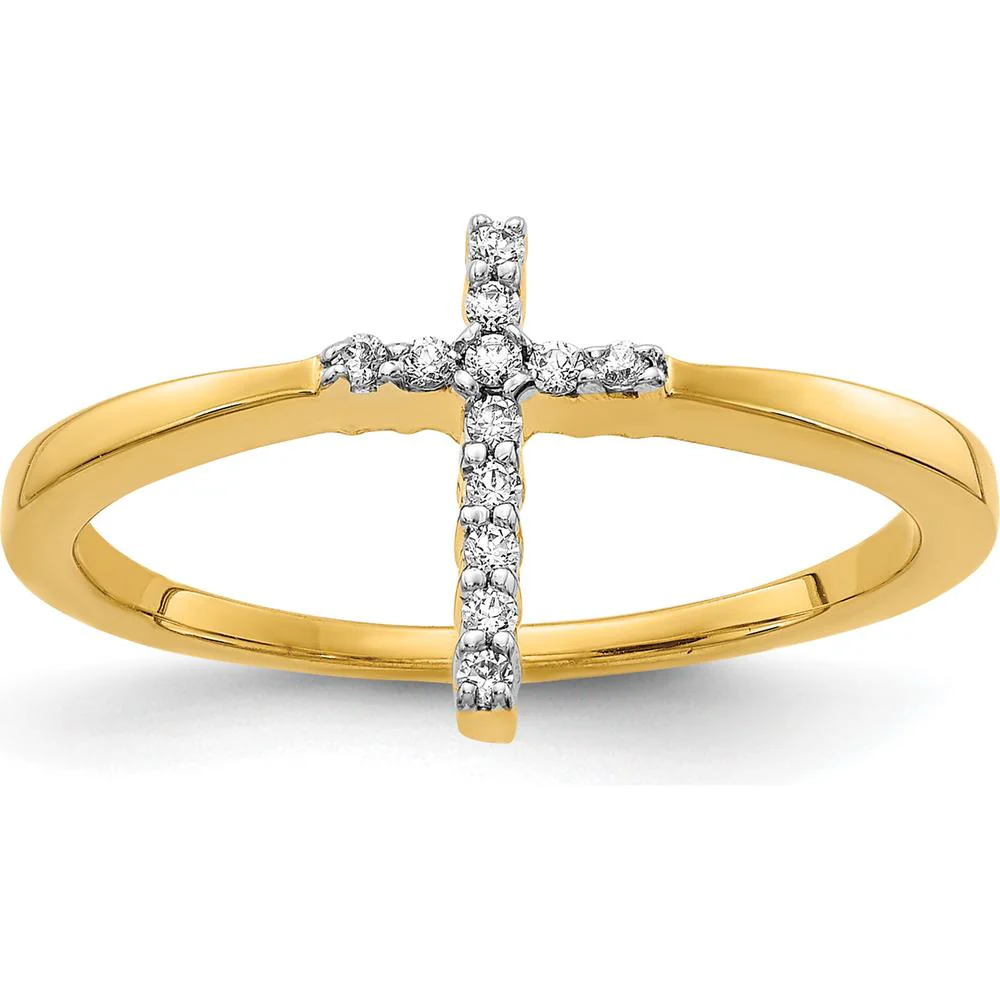 14K Yellow Gold Diamond Cross Ring with 12 Round Diamonds - 0.072 Carat Total Diamond Weight - Size 6 by Monteluci Fine Jewelry