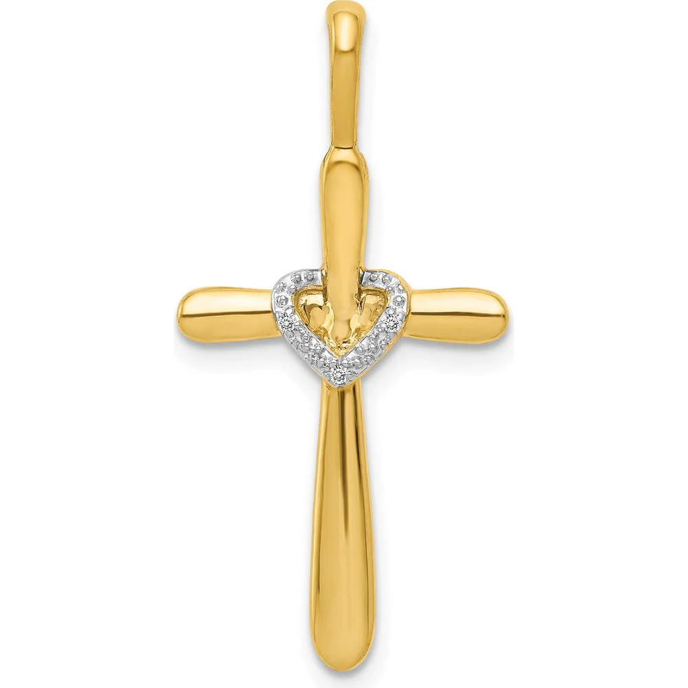 14K Yellow Gold Diamond Cross with Heart Pendant - 0.003 Carat Total Diamond Weight by Monteluci Fine Jewelry