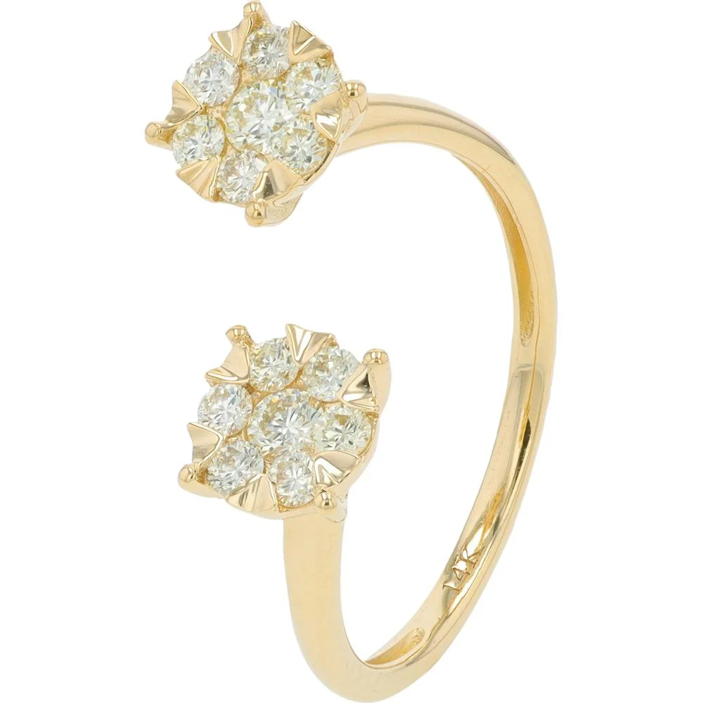 14K Yellow Gold Diamond Cuff Ring with Two Prong - Set Round Brilliant Cut Diamonds - 0.45 Carat Total Diamond Weight