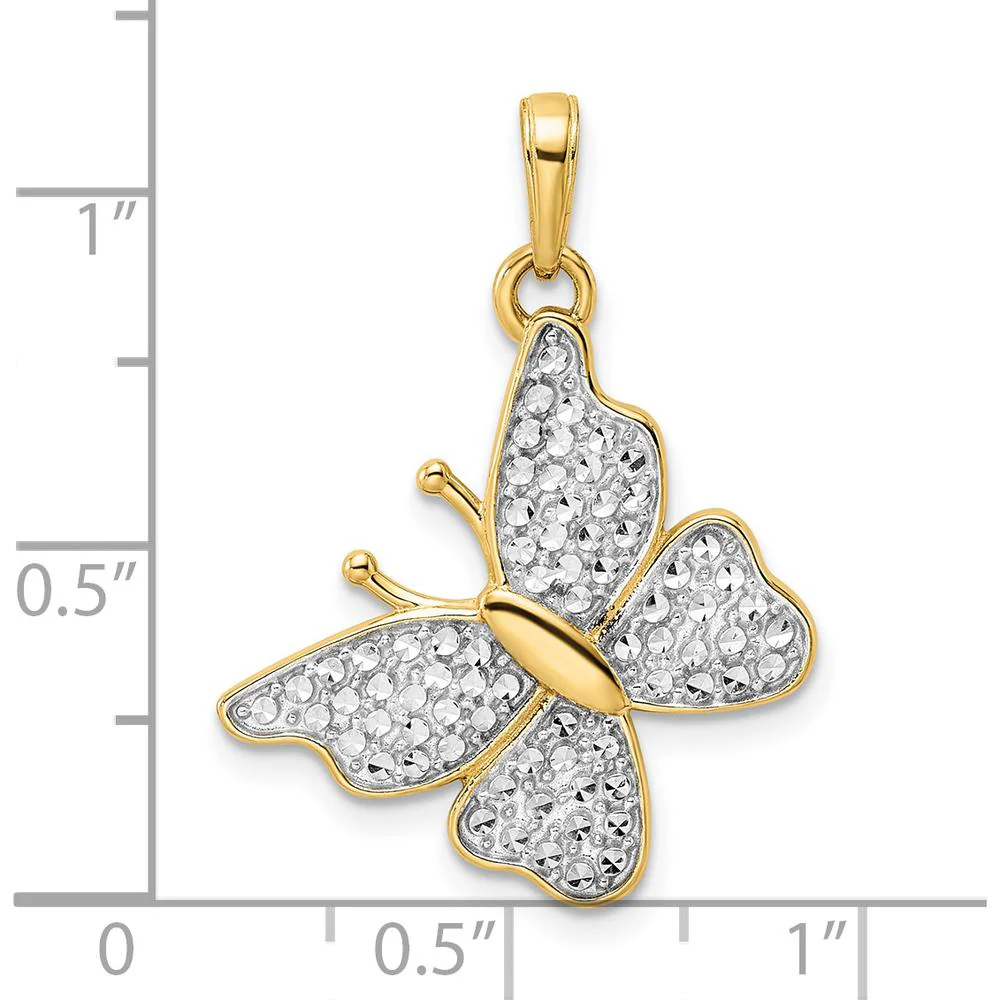 14K Yellow Gold Diamond-Cut Butterfly Pendant with Rhodium Finish - 30mm Length by Oro Pregiato - Image 4