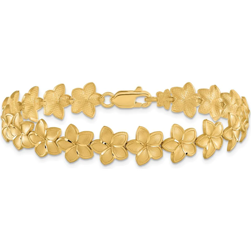 14K Yellow Gold Diamond-Cut Plumeria Floral Bracelet - 7.25" Length by Oro Pregiato - Image 3