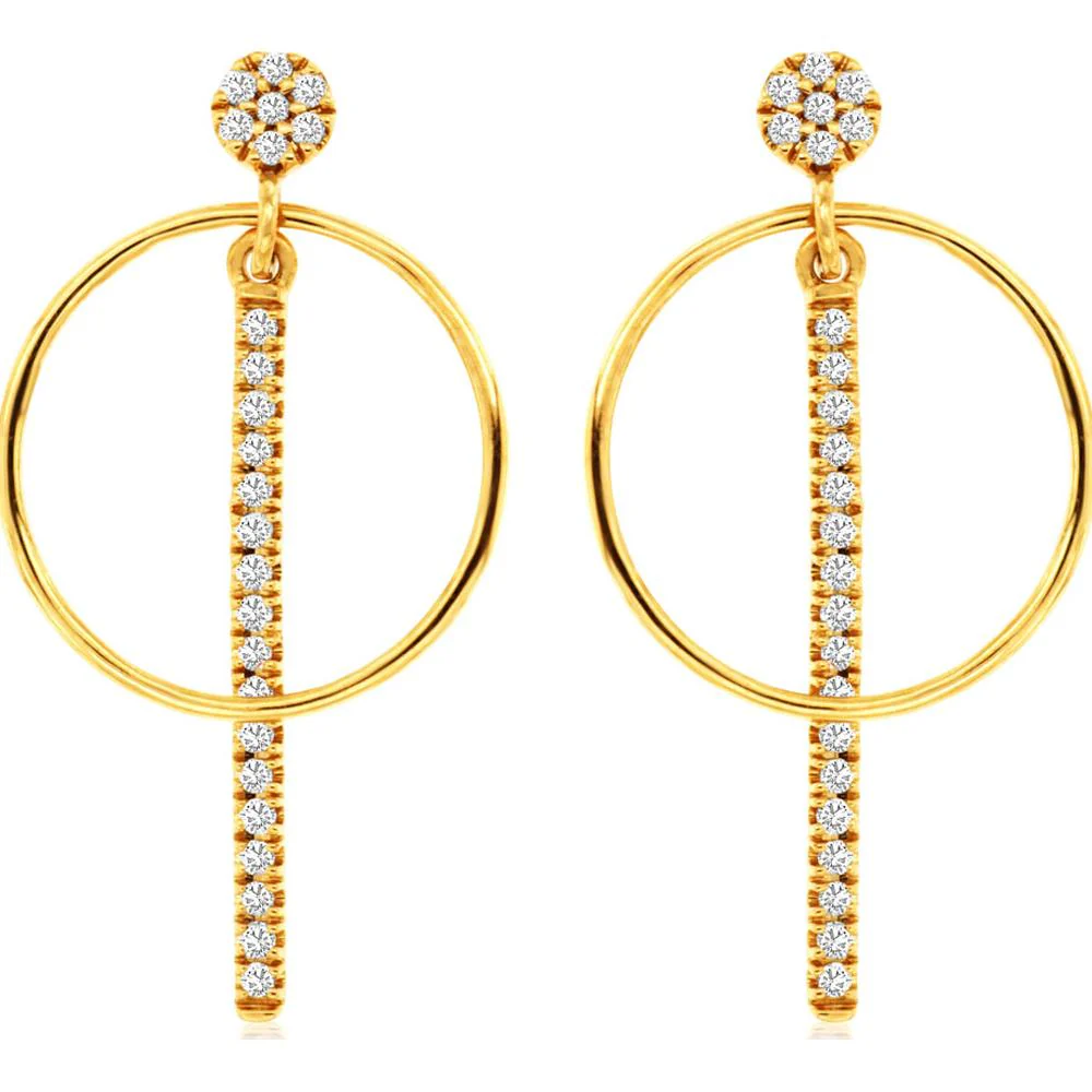 14K Yellow Gold Diamond Drop Earrings with Bar Design - 0.20 Carats Total Diamond Weight - Royal Jewelry