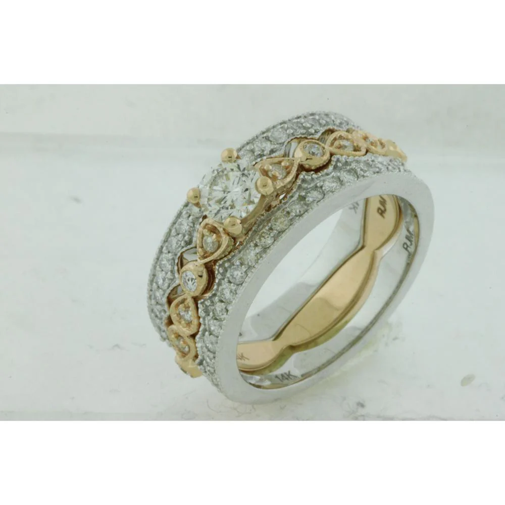 14K Yellow Gold Diamond Engagement and Wedding Band Set with Round Center Diamond and Diamond Accents - 1.00 Carat Total Diamond Weight - Royal Jewelry