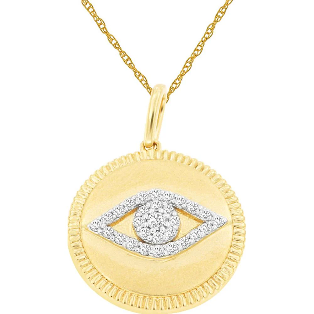 14K Yellow Gold Diamond Evil Eye Pendant with Pavé Set Round Brilliant Diamonds - 0.14 Carat Total Diamond Weight - Royal Jewelry