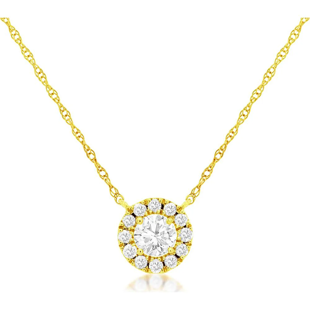 14K Yellow Gold Diamond Halo Necklace with 0.37 Carats Total Round Diamonds - Royal Jewelry
