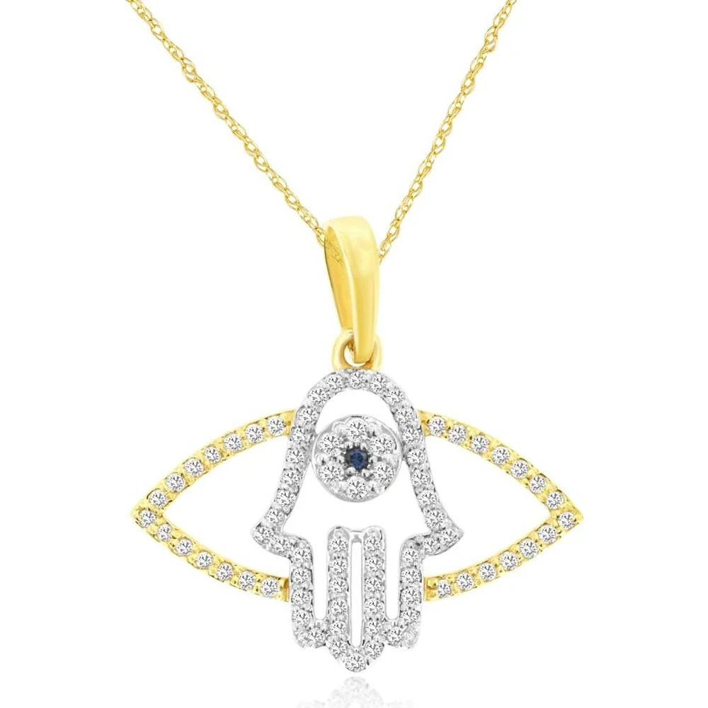 14K Yellow Gold Diamond Hamsa Evil Eye Pendant with Round Diamonds - 0.21 Carat Total Diamond Weight - Royal Jewelry