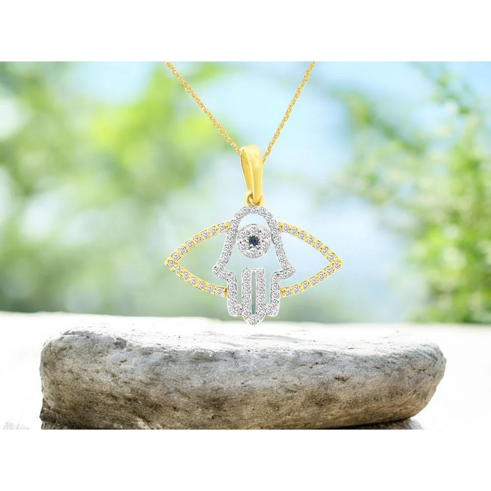 14K Yellow Gold Diamond Hamsa Evil Eye Pendant with Round Diamonds - 0.21 Carat Total Diamond Weight - Royal Jewelry - Image 2