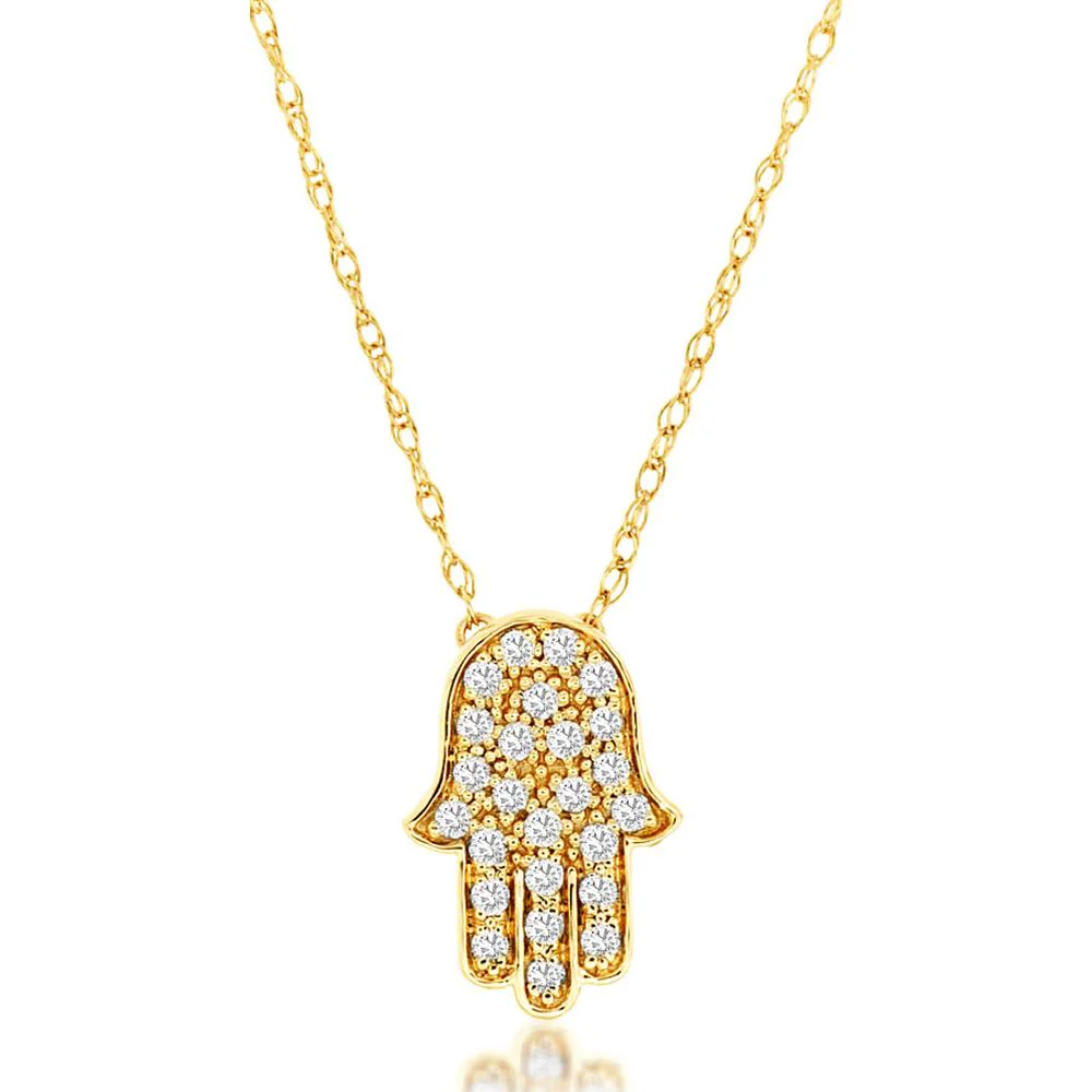 14K Yellow Gold Diamond Hamsa Hand Pendant Necklace - 0.13 Carat Total Diamond Weight - Royal Jewelry