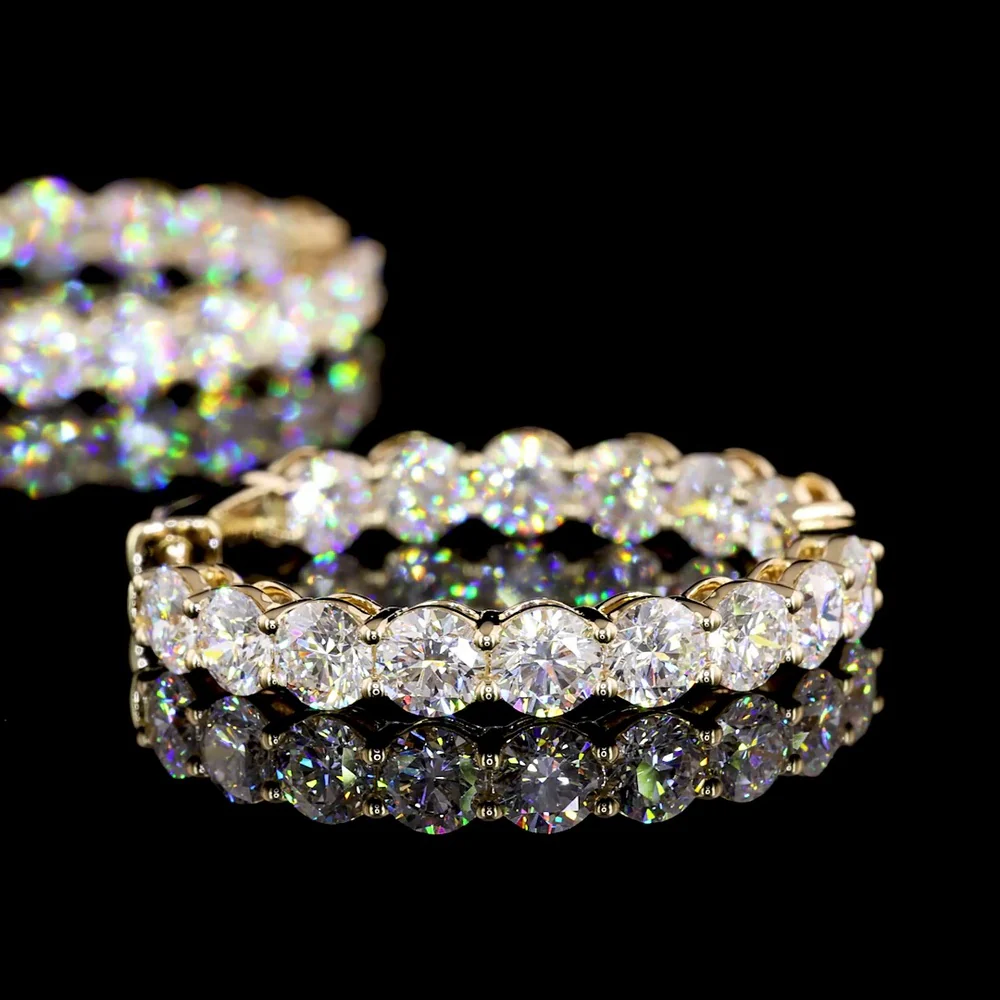 14K Yellow Gold Diamond Hoop Earrings - 6.33 Carat Total Weight Round Brilliant Cut Lab Diamonds, E-F Color VS1 Clarity, Prong Set - Covaloro Fine Jewelry