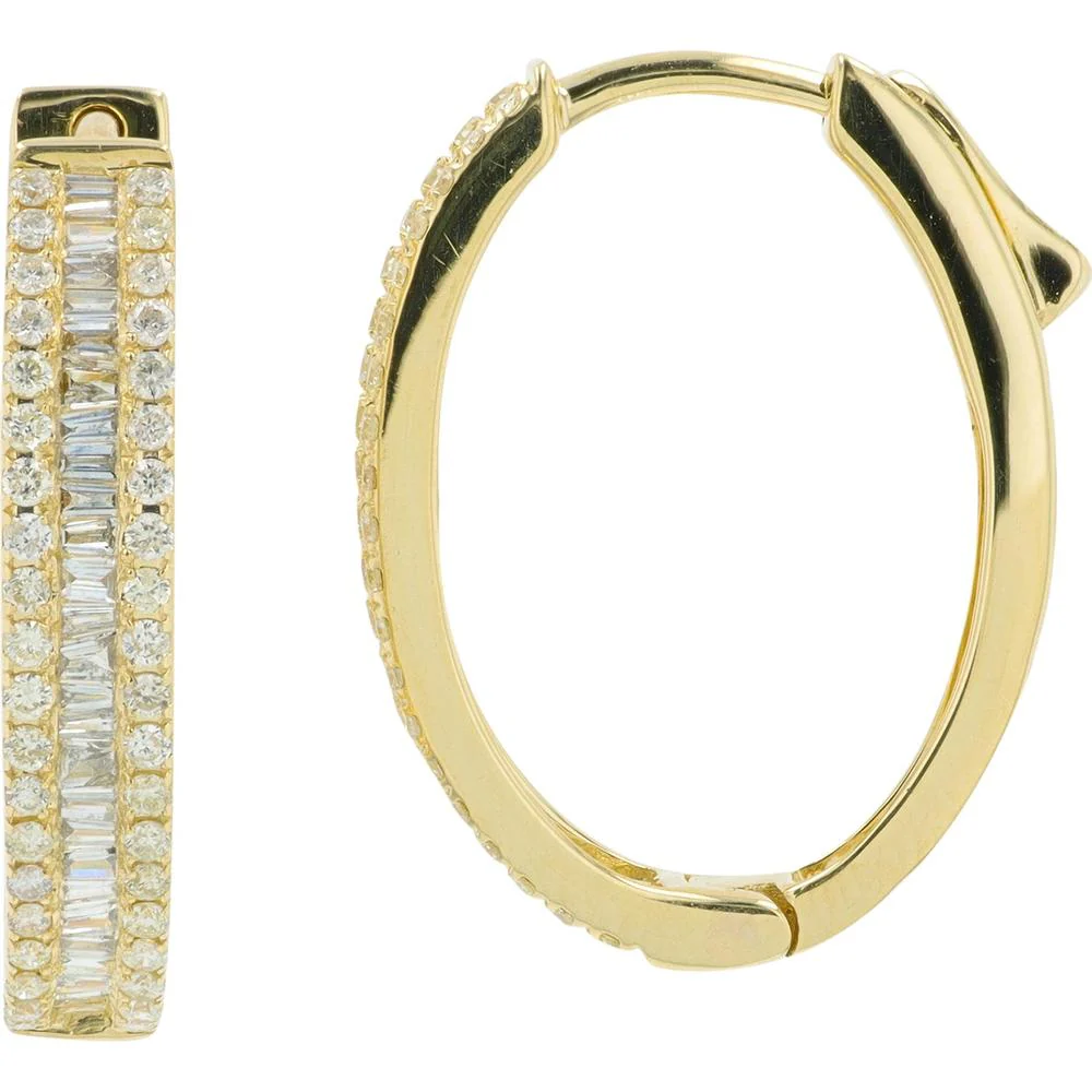 14K Yellow Gold Diamond Hoop Earrings with Round and Baguette Diamonds - 0.60 Carat Total Diamond Weight