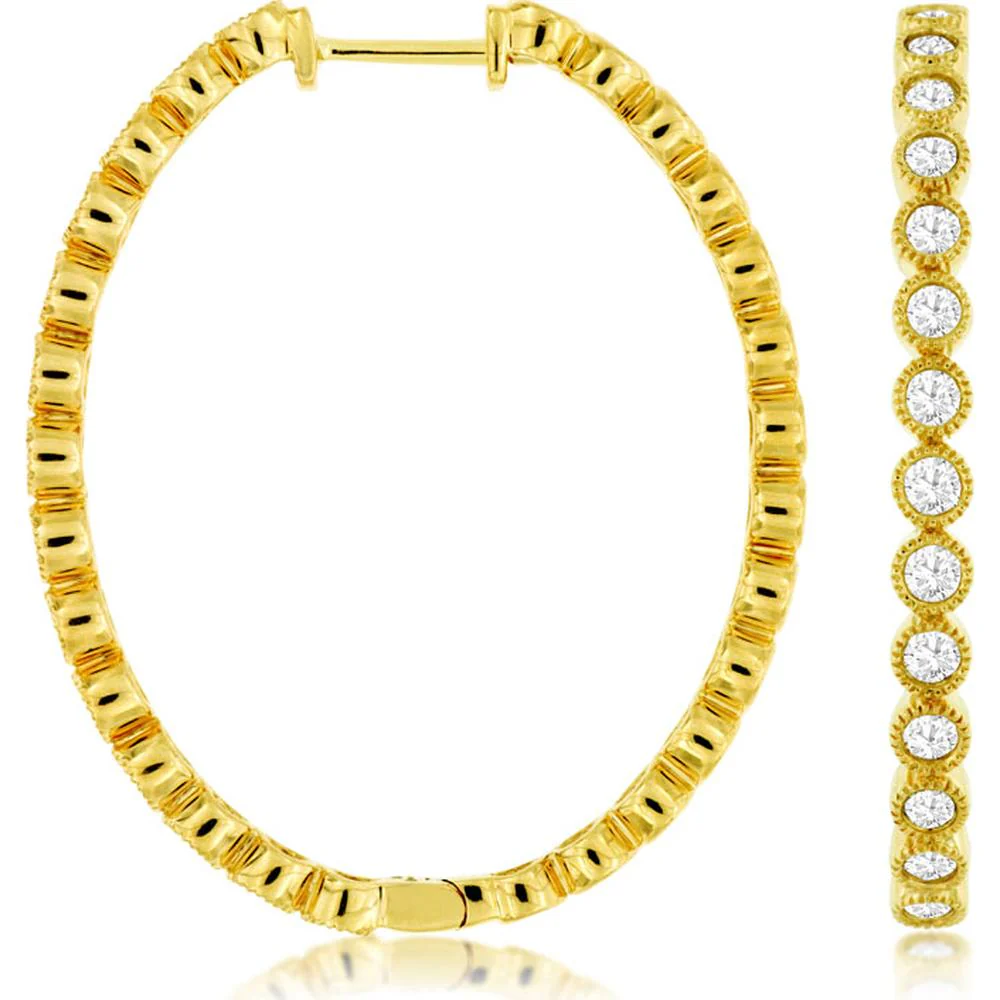 14K Yellow Gold Diamond Hoop Earrings with Round Brilliant Diamonds - 1.00 Carat Total Diamond Weight - Royal Jewelry