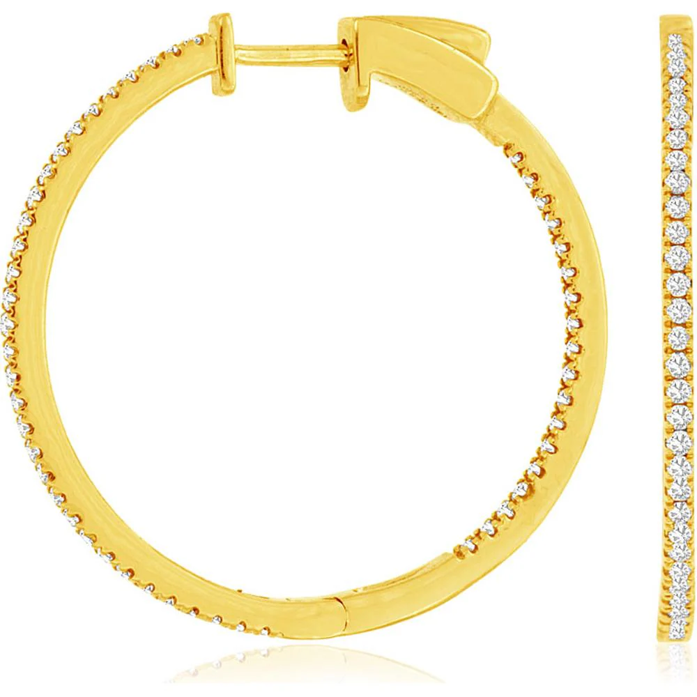 14K Yellow Gold Diamond Hoops 28mm with Milgrain Detailing - 0.50 Carats Total Diamond Weight - Royal Jewelry