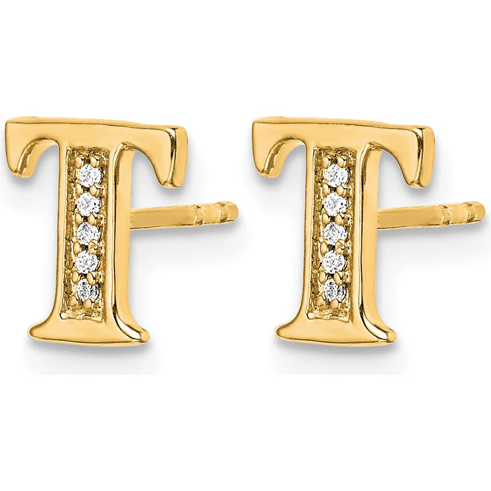 14K Yellow Gold Diamond Initial T Earrings - 0.03 Carats Total Diamond Weight by Monteluci Fine Jewelry - Image 2