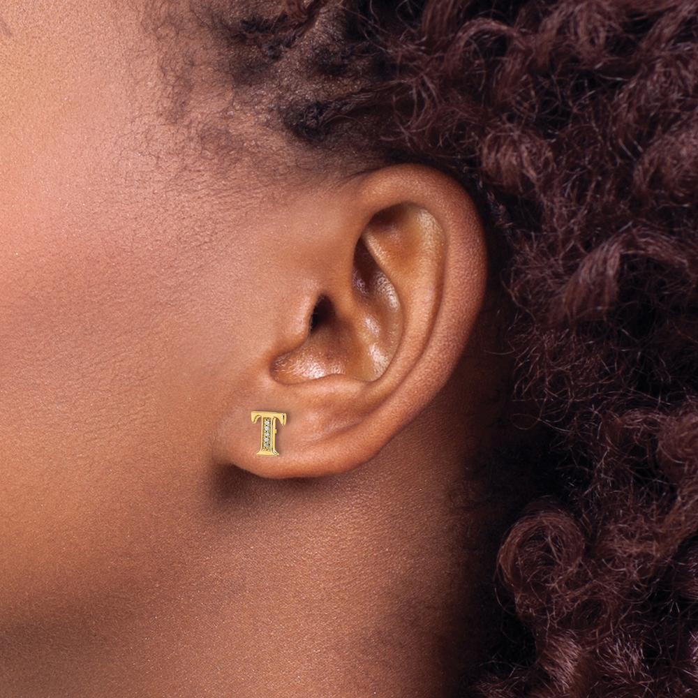 14K Yellow Gold Diamond Initial T Earrings - 0.03 Carats Total Diamond Weight by Monteluci Fine Jewelry - Image 3