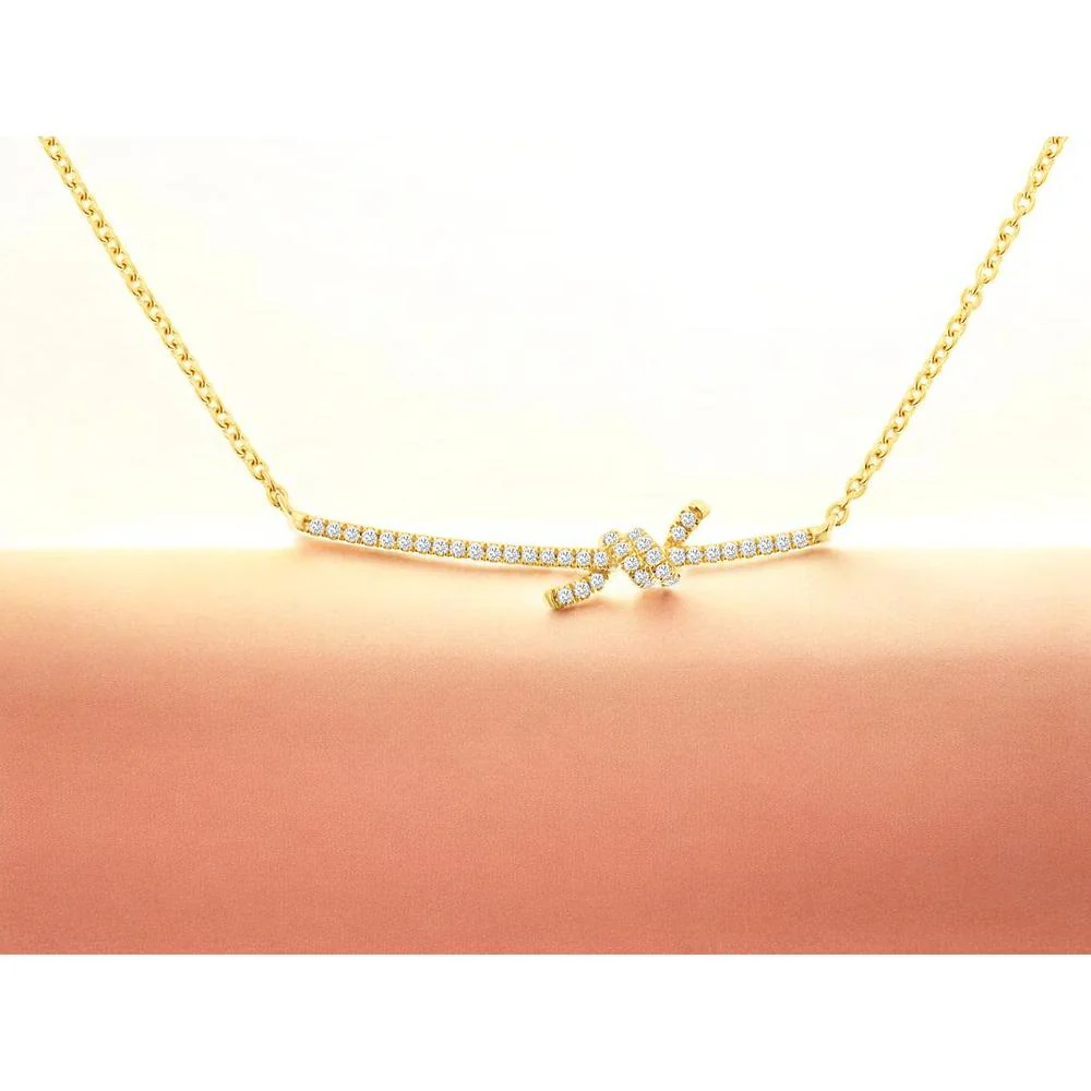 14K Yellow Gold Diamond Knot Motif Bar Necklace with Round Diamonds - 0.15 Carat Total Diamond Weight - Royal Jewelry - Image 2