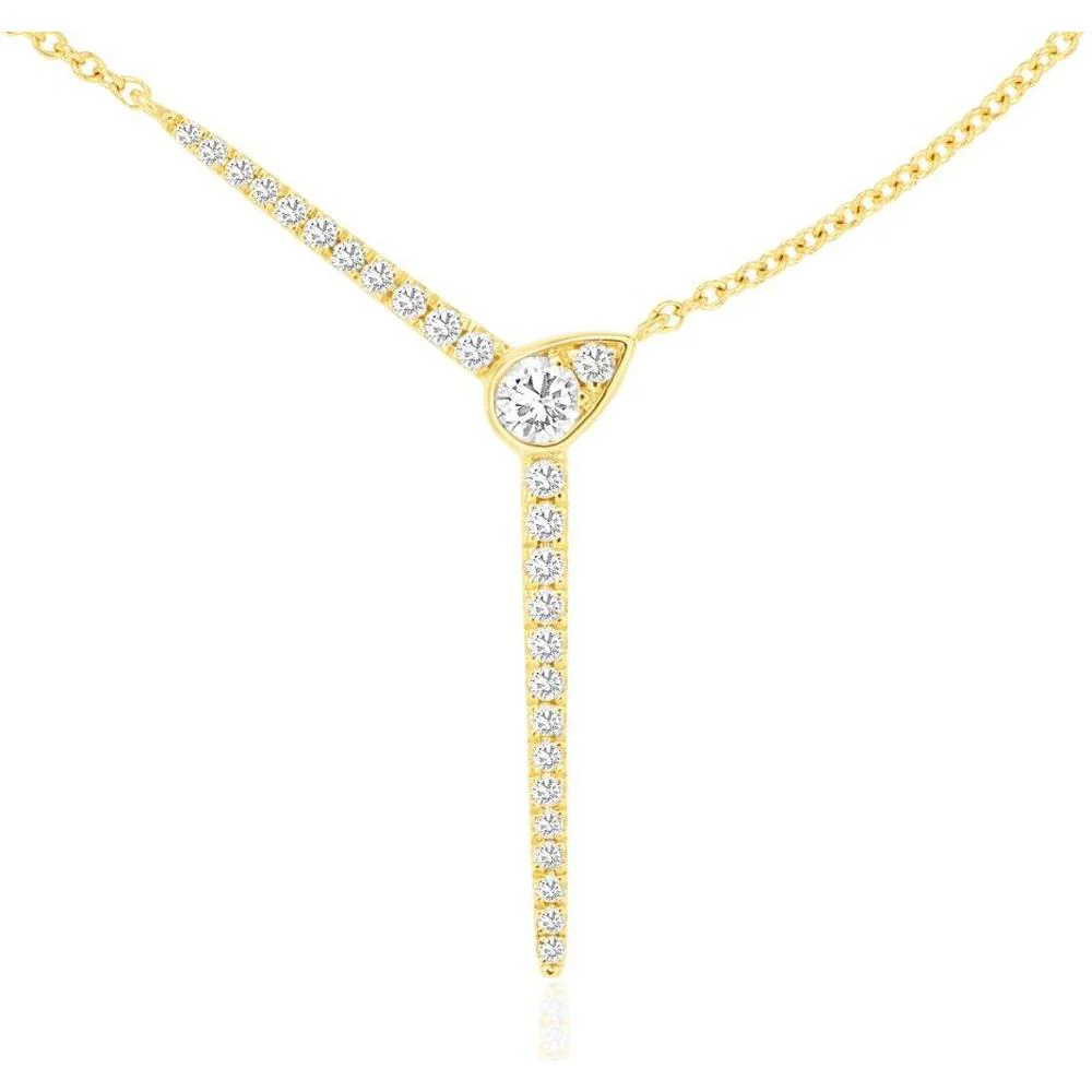 14K Yellow Gold Diamond Lariat Necklace with 0.19 Carat Bezel-Set Round Center Stone and Pavé Diamond Drop - Royal Jewelry