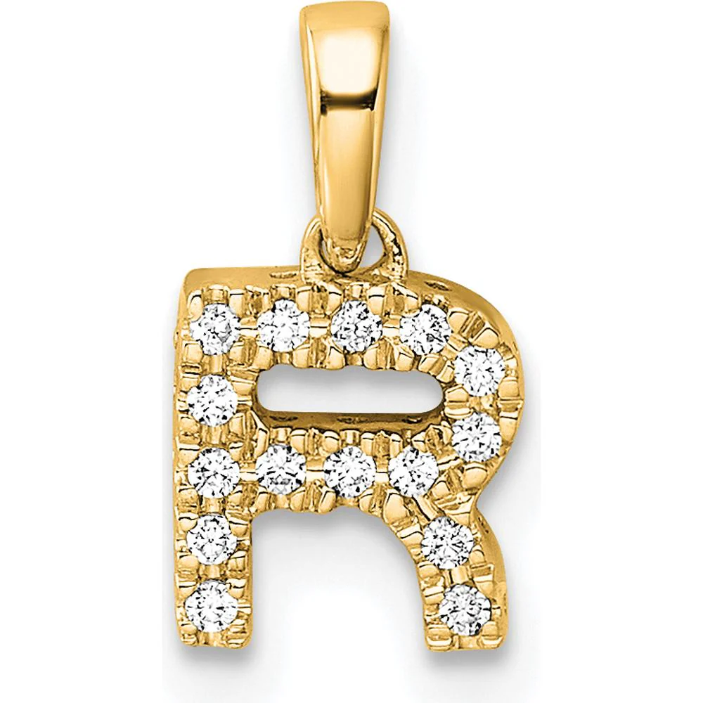 14K Yellow Gold Diamond Letter R Initial Pendant with Round Brilliant Diamonds by Oro Pregiato