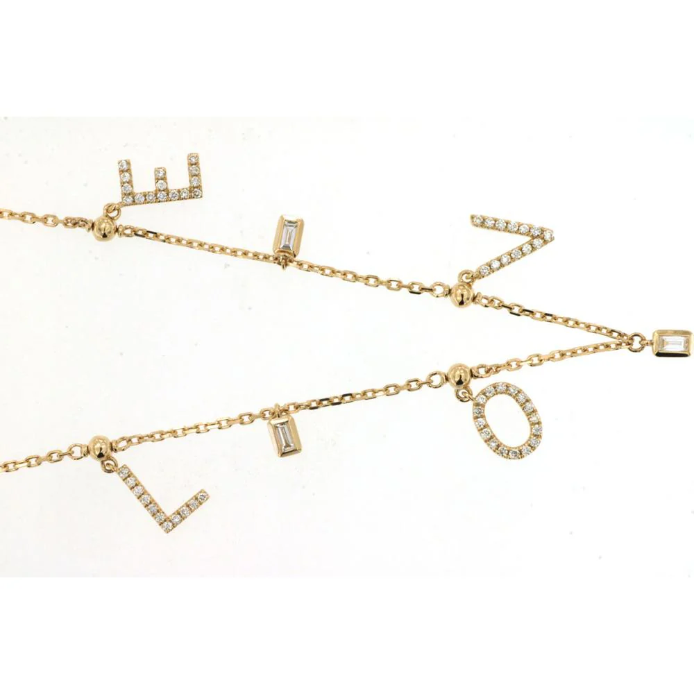 14K Yellow Gold Diamond LOVE Station Necklace with Round and Baguette Diamonds - 0.39 Carat Total Diamond Weight - Royal Jewelry