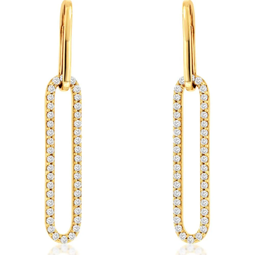14K Yellow Gold Diamond Paperclip Drop Earrings with Round Diamonds - 0.40 Carat Total Diamond Weight - Royal Jewelry