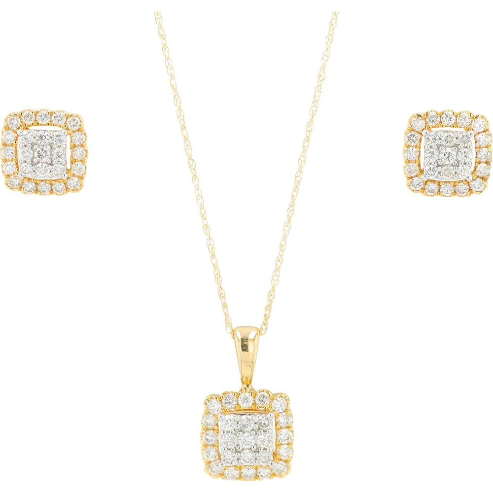 14K Yellow Gold Diamond Pendant & Stud Earrings Set - 0.75 Carat Total Diamond Weight
