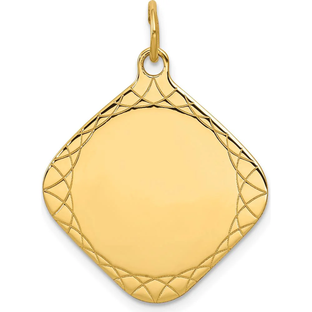 14K Yellow Gold Diamond-Shaped Engravable Disc Charm with Textured Detailing by Oro Pregiato