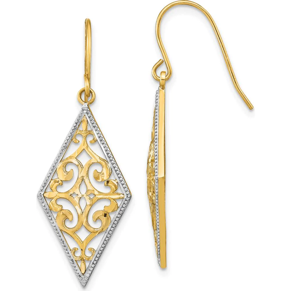 14K Yellow Gold Diamond-Shaped Filigree Dangle Earrings with Rhodium Accents by Oro Pregiato