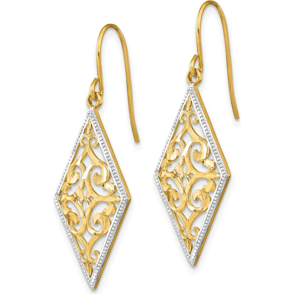 14K Yellow Gold Diamond-Shaped Filigree Dangle Earrings with Rhodium Accents by Oro Pregiato - Image 2