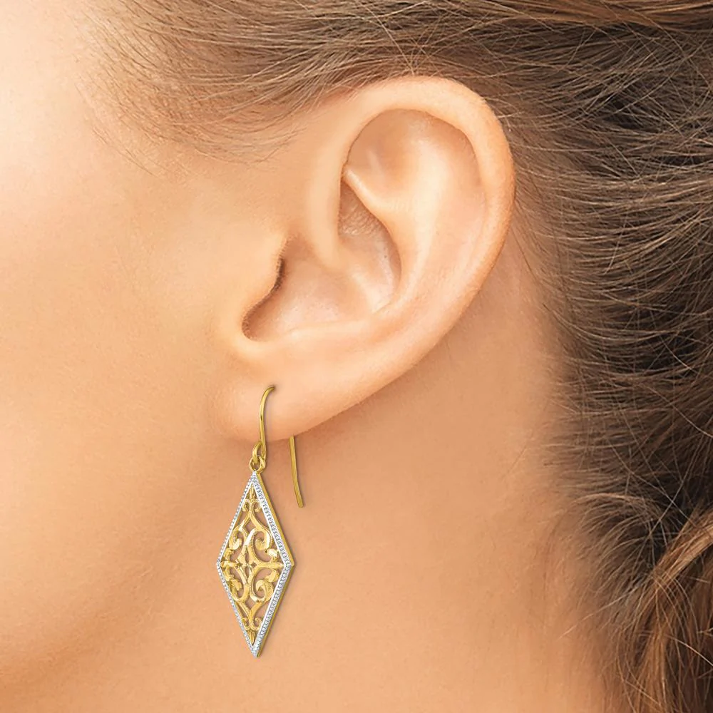 14K Yellow Gold Diamond-Shaped Filigree Dangle Earrings with Rhodium Accents by Oro Pregiato - Image 3