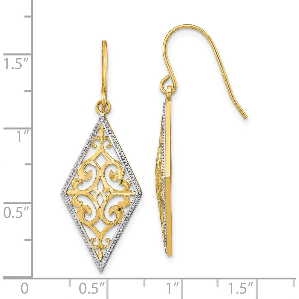 14K Yellow Gold Diamond-Shaped Filigree Dangle Earrings with Rhodium Accents by Oro Pregiato - Image 4