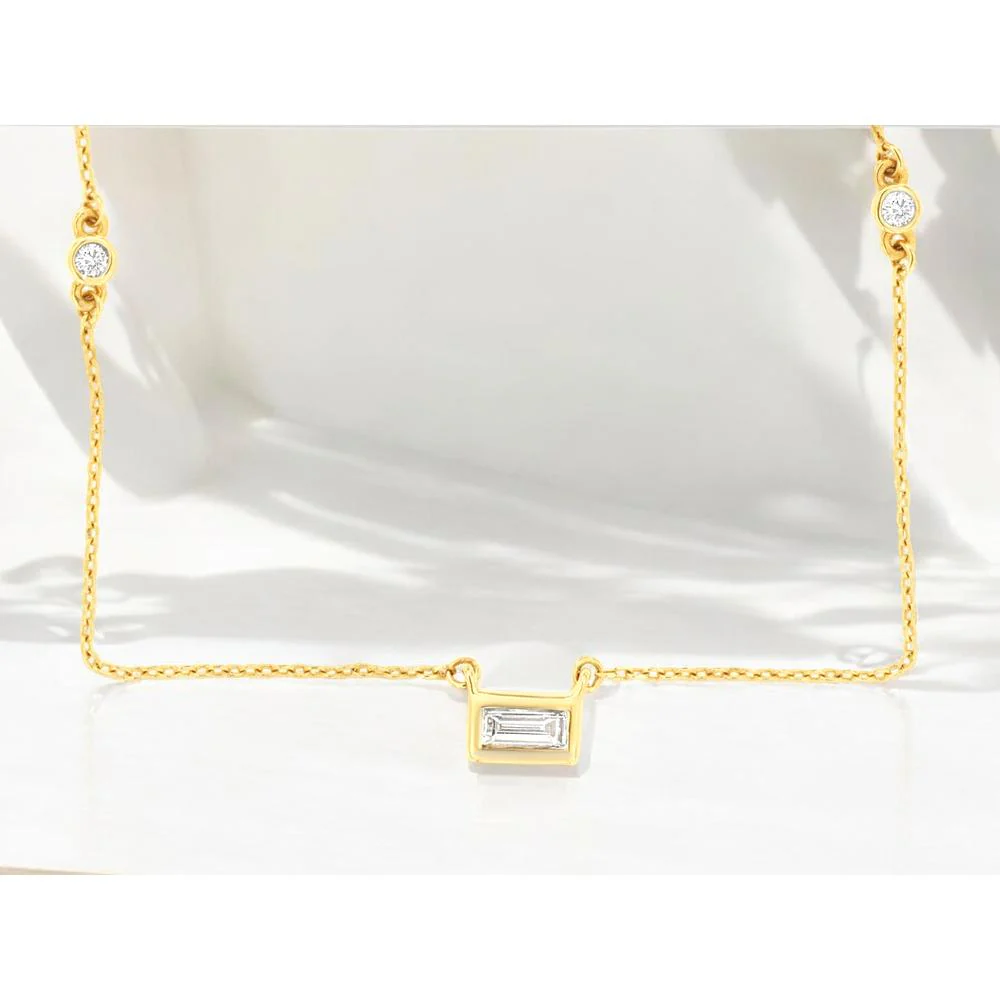 14K Yellow Gold Diamond Station Necklace with Bezel Set Baguette and Round Diamonds - 0.14 Carat Total Diamond Weight - Royal Jewelry - Image 2
