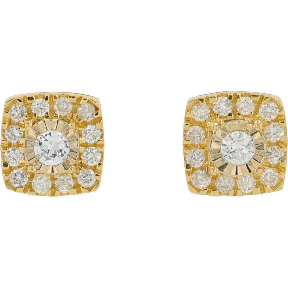 14K Yellow Gold Diamond Stud Earrings with 0.50 Carat Total Round Diamonds - Halo Design