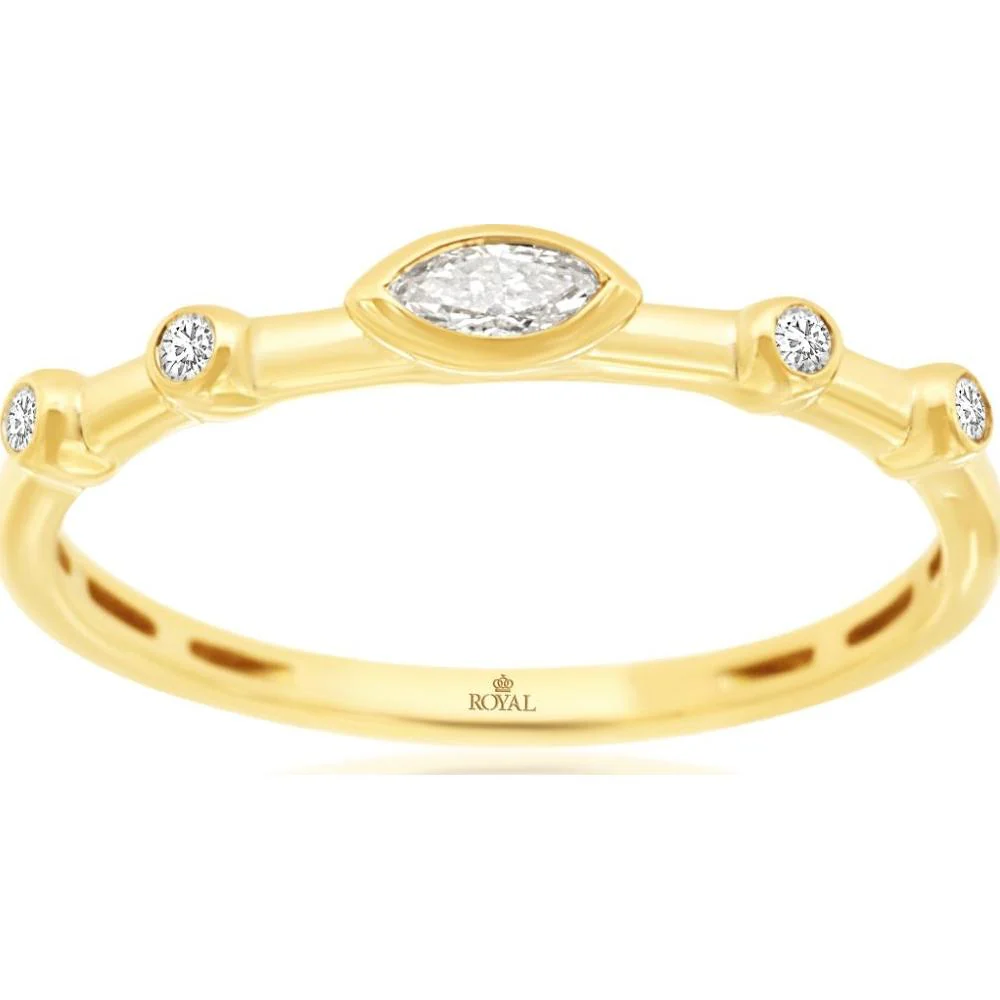 14K Yellow Gold Diamond Wedding Band with Bezel Set Marquise and Round Diamonds - 0.14 Carat Total Diamond Weight - Royal Jewelry