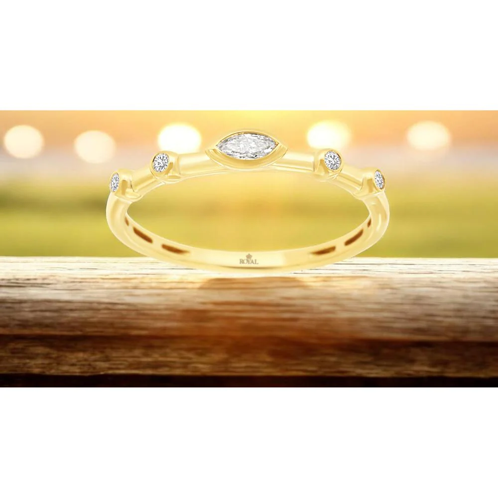 14K Yellow Gold Diamond Wedding Band with Bezel Set Marquise and Round Diamonds - 0.14 Carat Total Diamond Weight - Royal Jewelry - Image 2