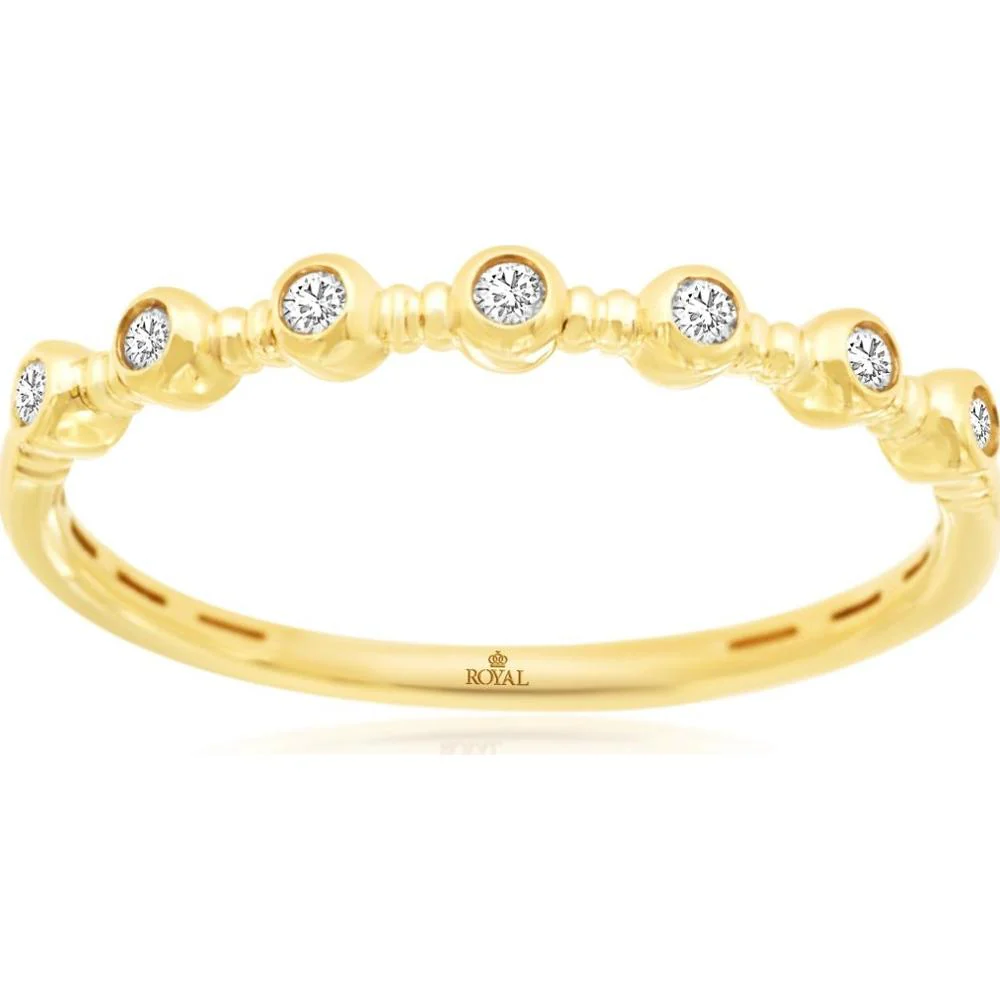 14K Yellow Gold Diamond Wedding Band with Bezel Set Round Diamonds and Beaded Accents - 0.08 Carat Total Diamond Weight - Royal Jewelry