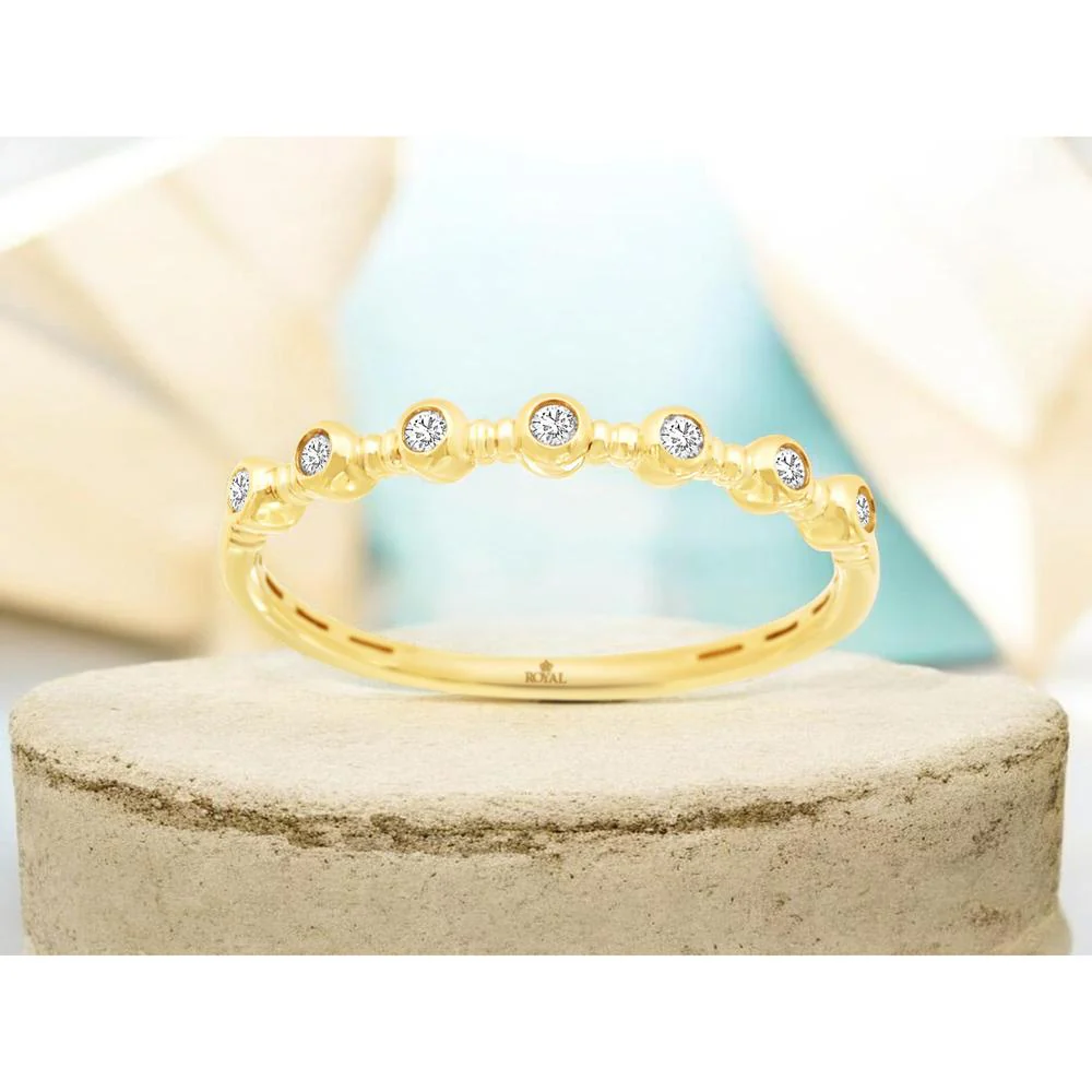 14K Yellow Gold Diamond Wedding Band with Bezel Set Round Diamonds and Beaded Accents - 0.08 Carat Total Diamond Weight - Royal Jewelry - Image 2