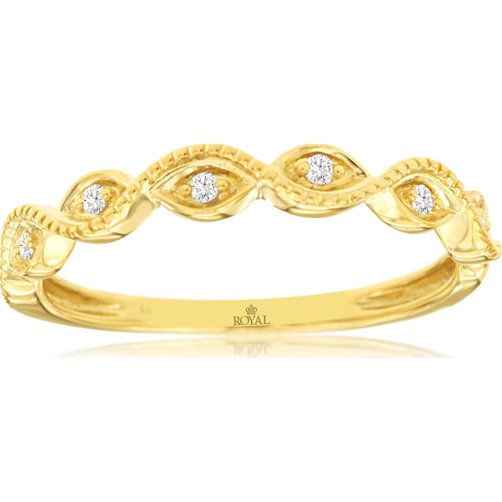 14K Yellow Gold Diamond Wedding Band with Marquise Motif and Milgrain Detail – 0.05 Carat Total Diamond Weight - Royal Jewelry