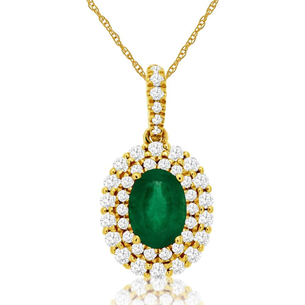 14K Yellow Gold Double Halo Pendant with 0.70 Carat Oval Emerald and 0.39 Carat Round Diamonds - Royal Jewelry