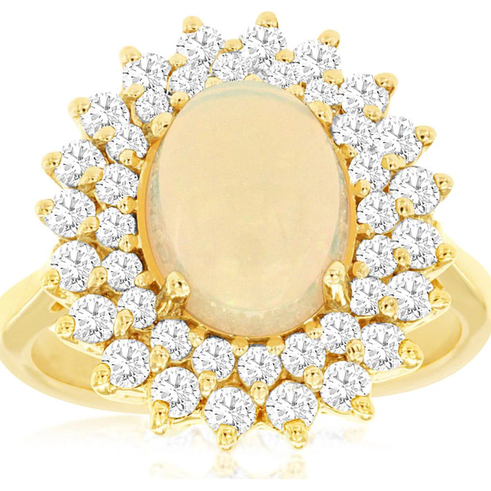 14K Yellow Gold Double Halo Ring with 1.70 Carat Oval Opal and 1.00 Carat Round Diamonds - Royal Jewelry