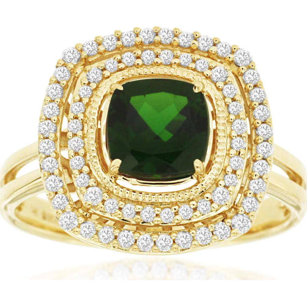 14K Yellow Gold Double Halo Ring with Cushion Cut Green Russalite and Round Diamonds - 1.33 Carat Total Gem Weight - Royal Jewelry