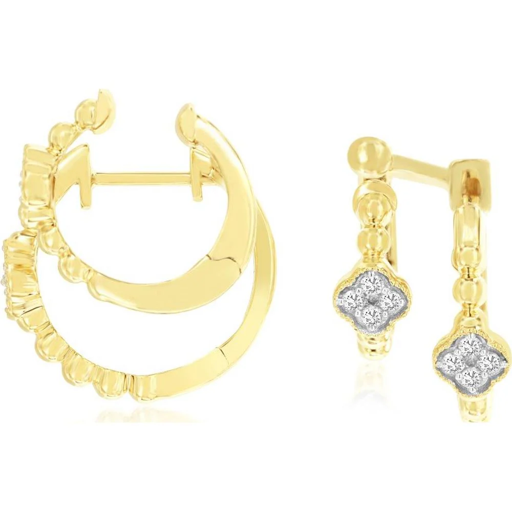 14K Yellow Gold Double Hoop Earrings with Milky Grain Beaded Edge and Diamond Clover Motifs - 0.18 Carat Total Diamond Weight - Royal Jewelry