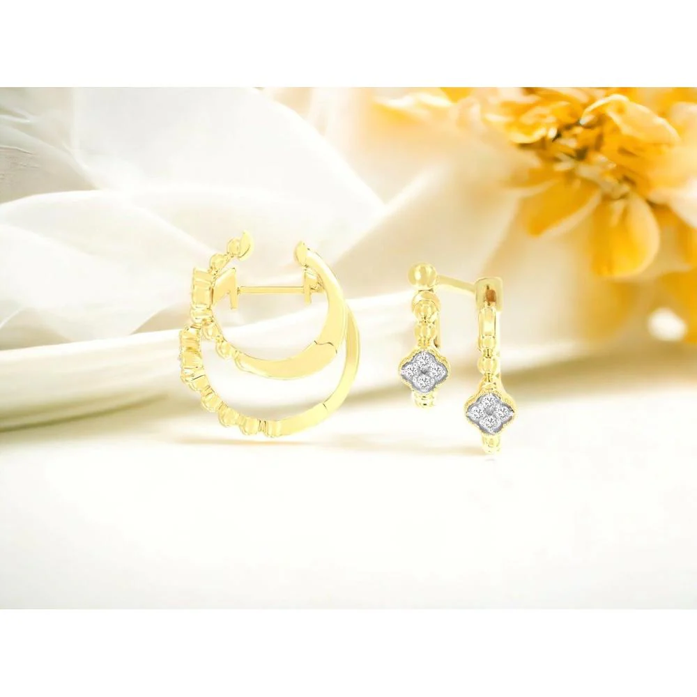 14K Yellow Gold Double Hoop Earrings with Milky Grain Beaded Edge and Diamond Clover Motifs - 0.18 Carat Total Diamond Weight - Royal Jewelry - Image 2