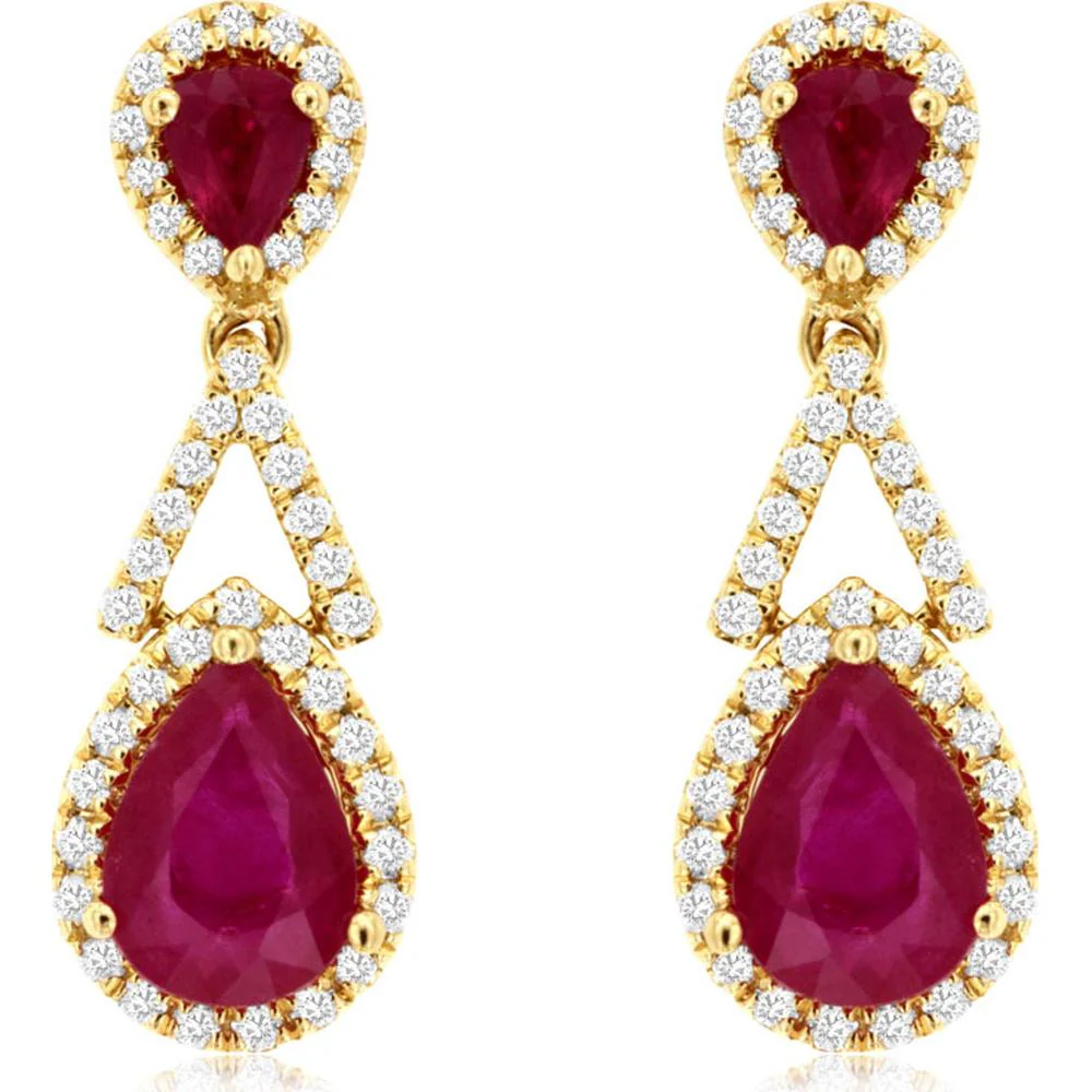 14K Yellow Gold Double Pear Ruby and Diamond Halo Drop Earrings - 2.19 Carat Total Gem Weight - Royal Jewelry