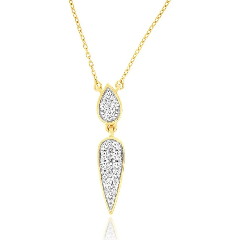 14K Yellow Gold Double Pear Shape Diamond Pendant Necklace with Pave Set Round Brilliant Diamonds - 0.25 Carat Total Diamond Weight - Royal Jewelry