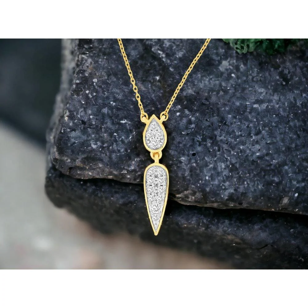 14K Yellow Gold Double Pear Shape Diamond Pendant Necklace with Pave Set Round Brilliant Diamonds - 0.25 Carat Total Diamond Weight - Royal Jewelry - Image 2