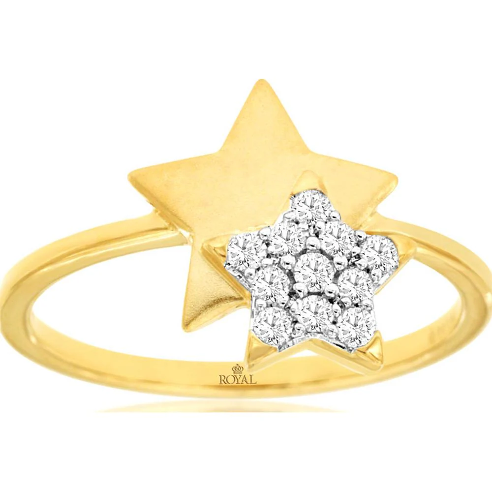 14K Yellow Gold Double Star Ring with 0.16 Carat Round Brilliant Diamond Cluster - Royal Jewelry