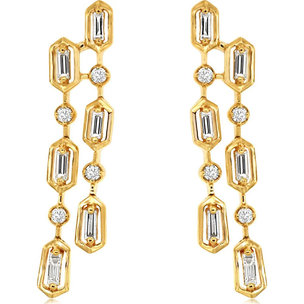 14K Yellow Gold Double Strand Drop Earrings with Bezel Set Baguette and Round Diamonds - 0.40 Carat Total Weight - Royal Jewelry
